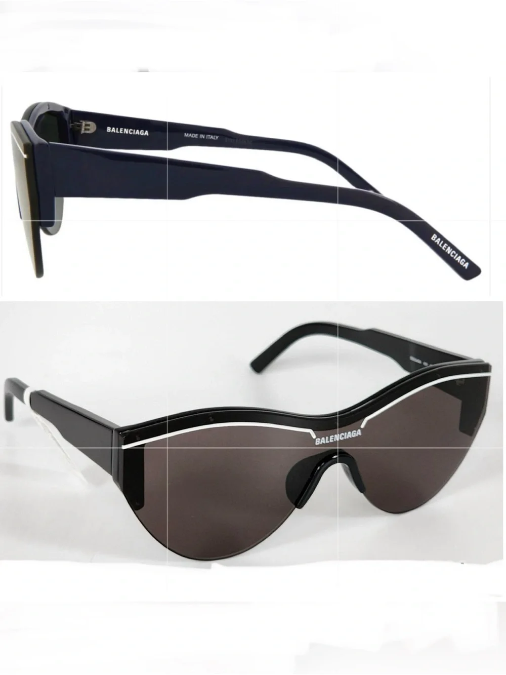 BALENCIAGA BB0004SA Shield Shape Grey Lens Frame White Imprint Sunglasses NWB
